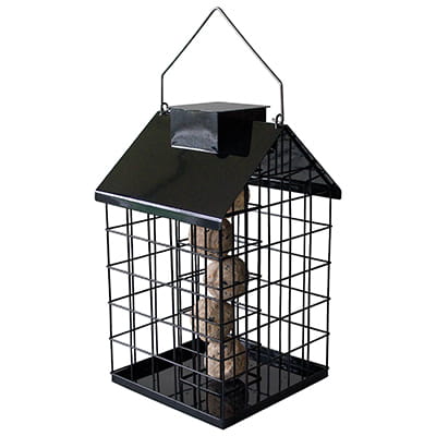 Foderautomat til mejsebolde med værn og ophæng